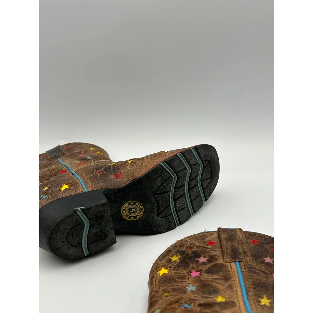 Dan Post Kids Brown Leather Star Embroidered Western Cowboy Boots Square Toe